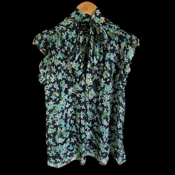 Zimmermann Womens 0 XS/S 100% Silk Floral Print Blouse Tank Ruffle Tie Neck Blue - Picture 1 of 7